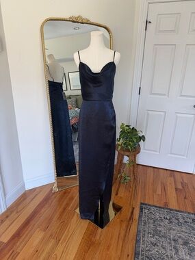 WAYF Satin Maxi Dress Small Navy Blue Formal Cowl Neck NWT